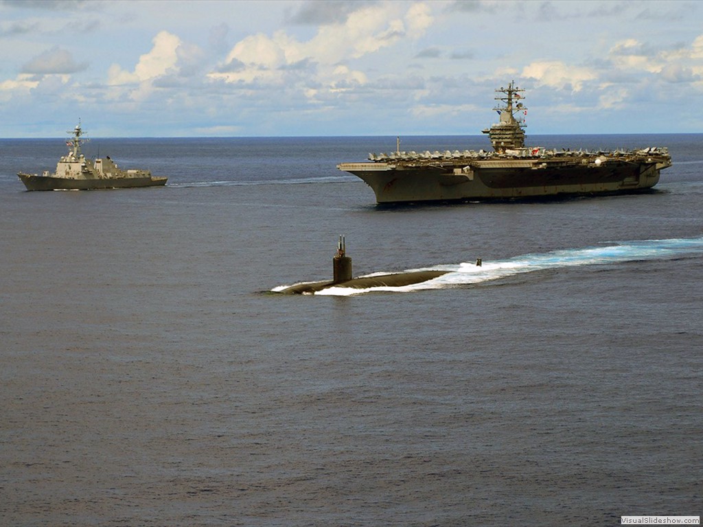 USS Hampton (SSN-767) steams in front of Kitty Hawk, CV-63, 2007.