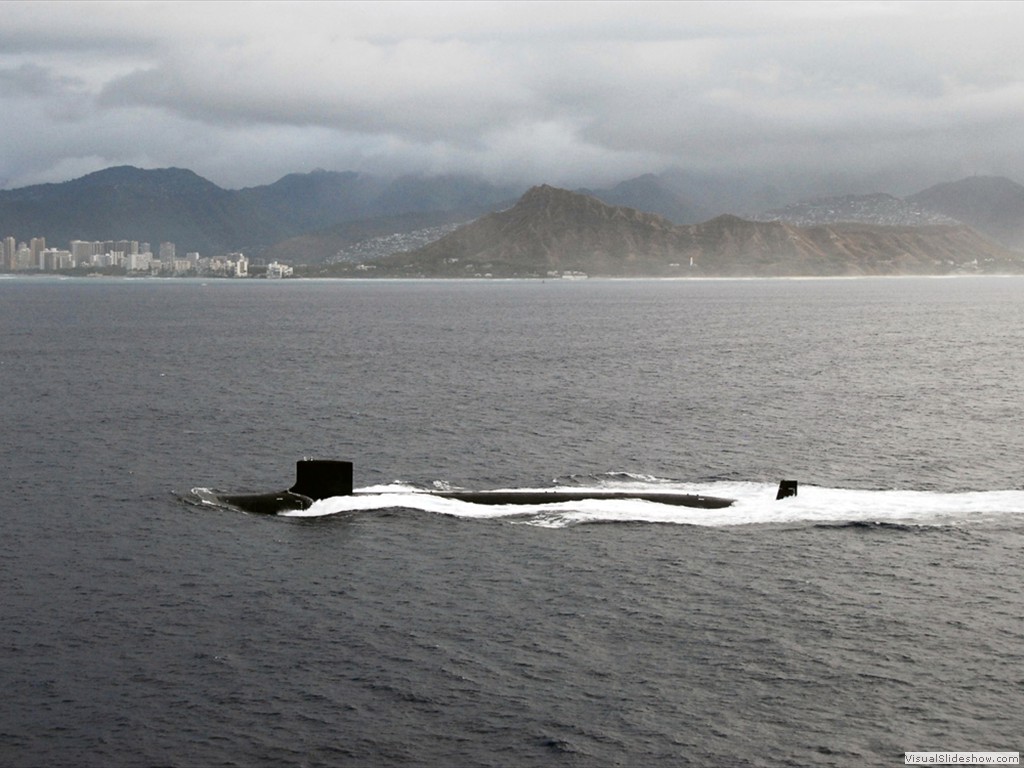 USS Hawaii (SSN-776) passing Diamond Head and Waikiki Beach in Hawaii